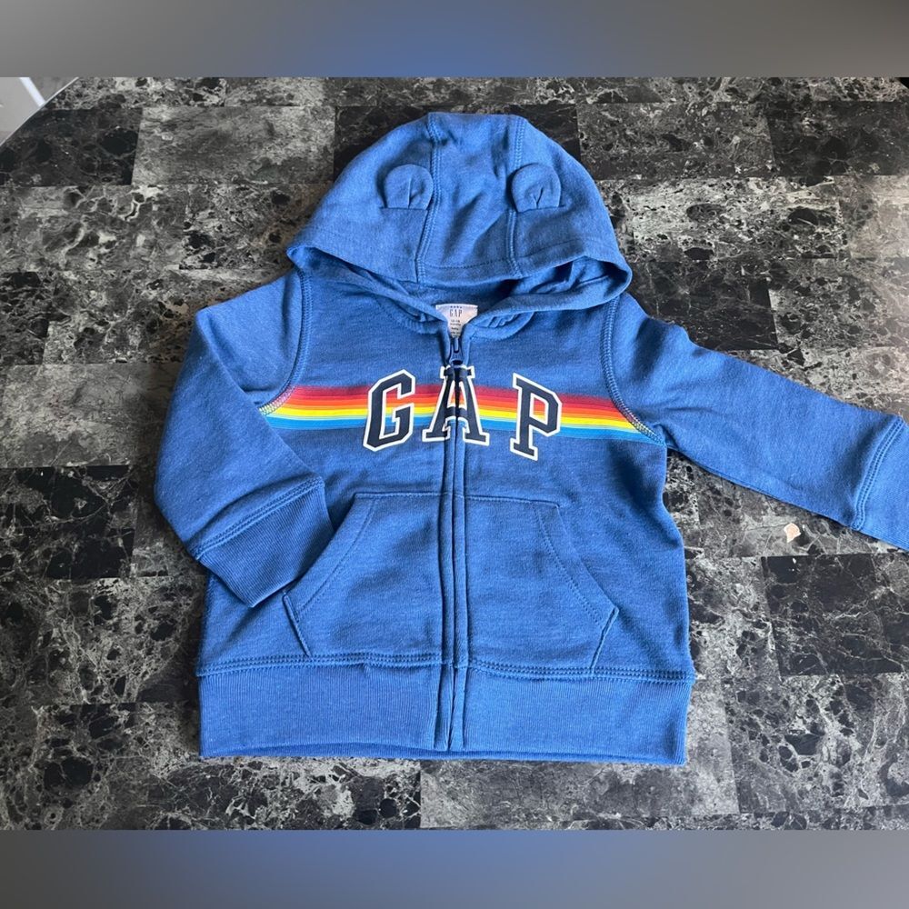 GAP Baby Soft Fleece‎ Blue Hoodie  With Ears Front Zip Graphic Logo 12-18M $49